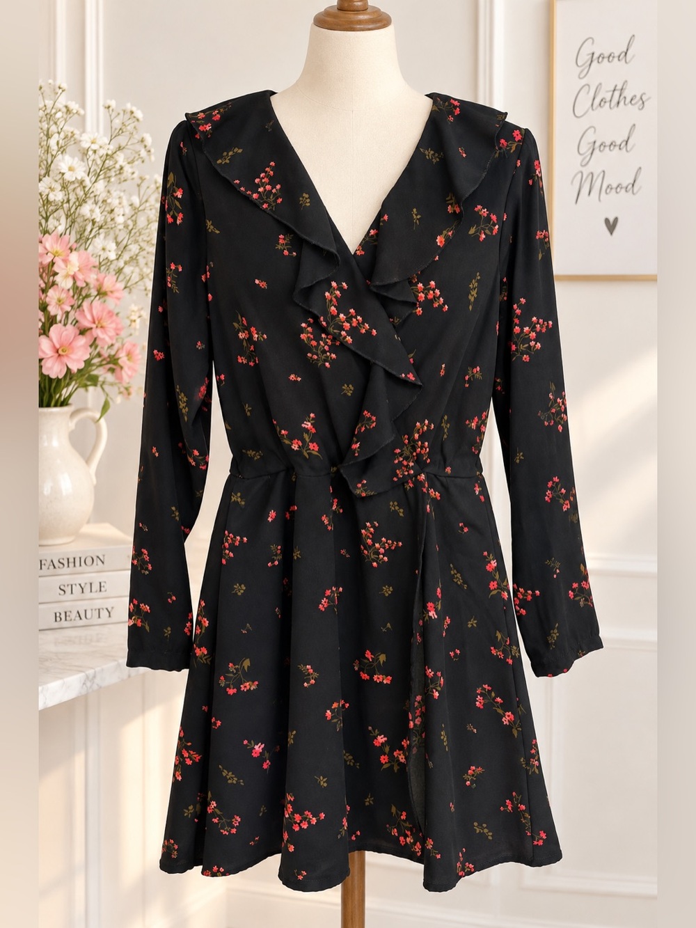 Vero Moda Parisan Black Floral Ruffle Wrap Dress Size M Long Sleeve